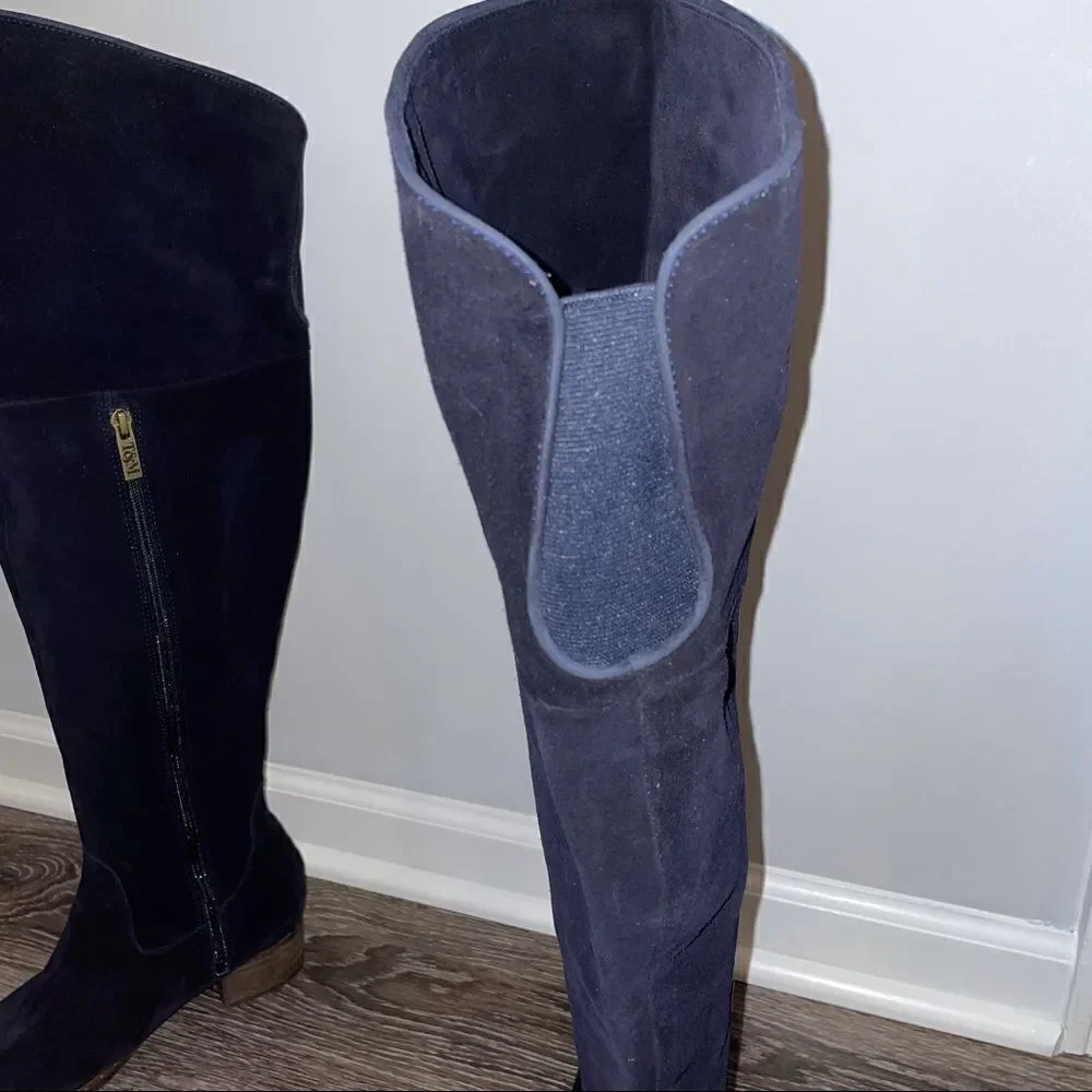 Ted & Muffy navy suede over the knee pointed toe boots